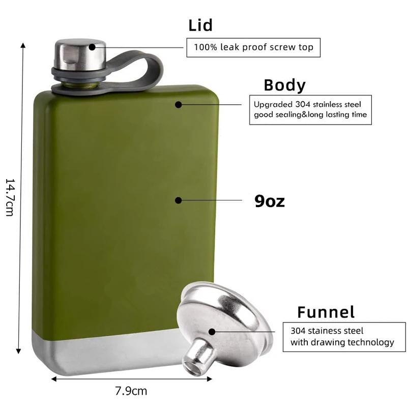 9oz Pocket Hip Flask Alcohol Bottle Stainless Steel Matte Flagon Travel Wine Drink Pot Leakproof Whiskey Bottle Funnel Screw Cap