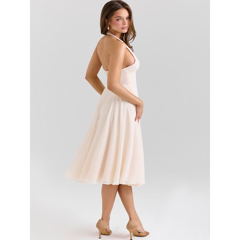 Jasmine Style Light House Same Style Beautiful Fresh Temperament Sexy V-neck Backless Hanging Neck Waist Hugging Vacation Dress