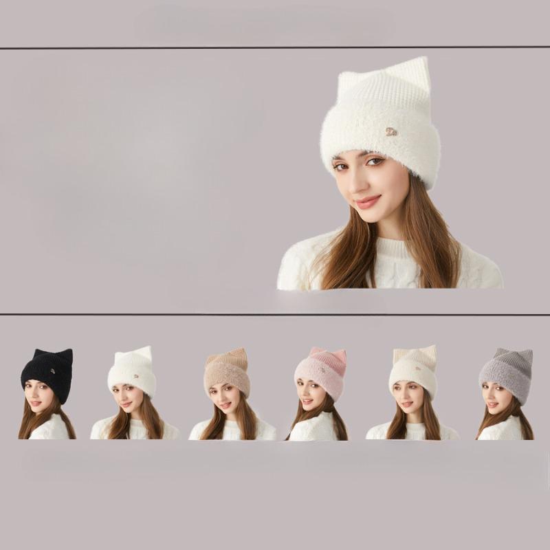 Girls' Cute Cat's Ears (Steamed Cat-ear Shaped Bread) In Winter Thickened Ear Protection Knitted Hat Versatile Solid Wool Hat