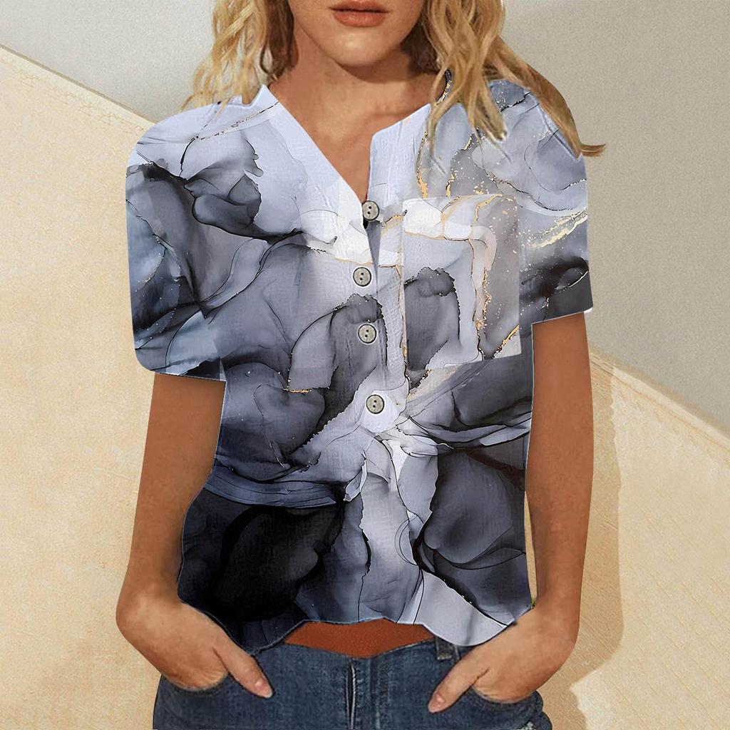 Women's Summer Casual Fashion Cotton Linen Printed Women's Short Sleeve Shirt Tops