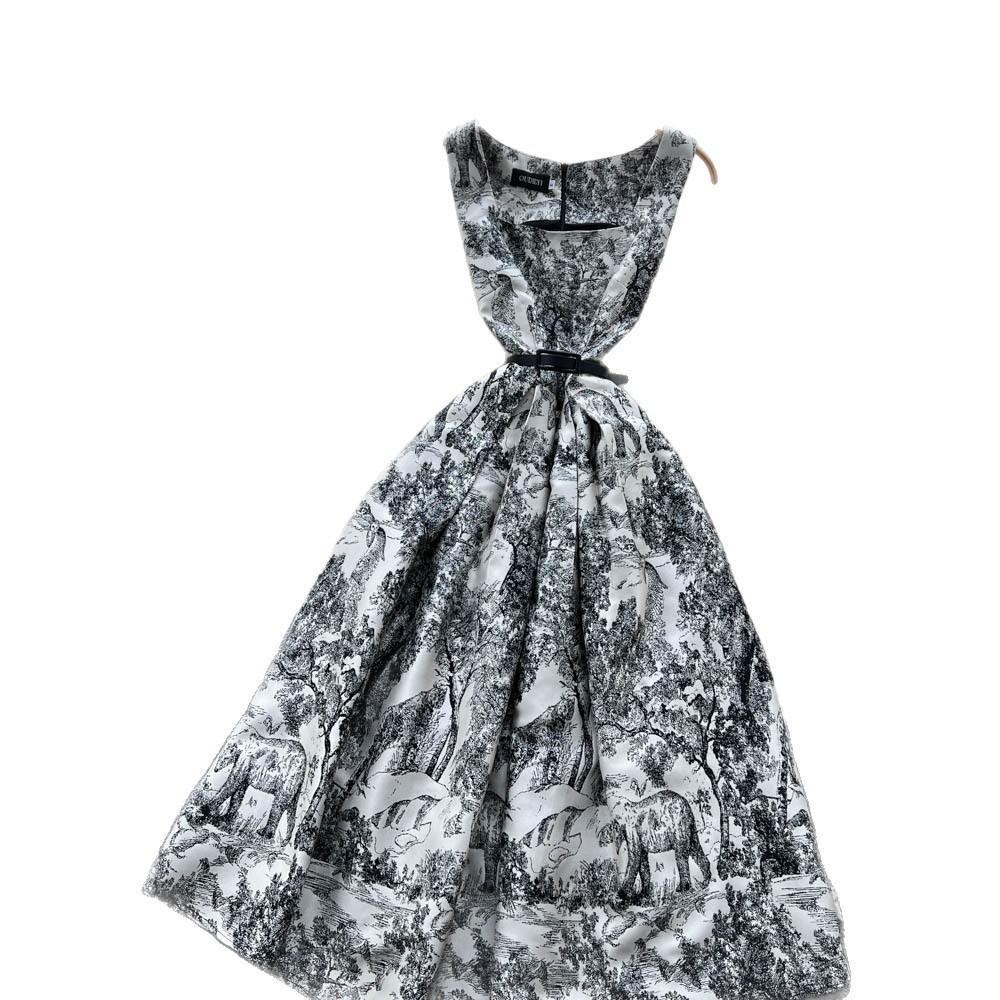 French retro high-end elegant square neck sleeveless printed dress women's new strap waist big swing dress