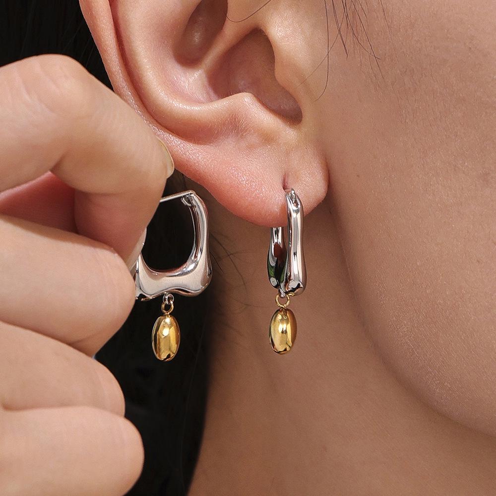 Qiong Yao Two-Tone Geometric Liquid Gold Earrings - High-End Colorfast Stainless Steel Jewelry
