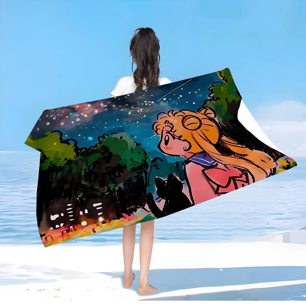 S-Sailores Cute Girl Moon Microfiber Printed Beach Towel Mountain Climbing Yoga Beach Swimming Running Absorbent Soft Towel