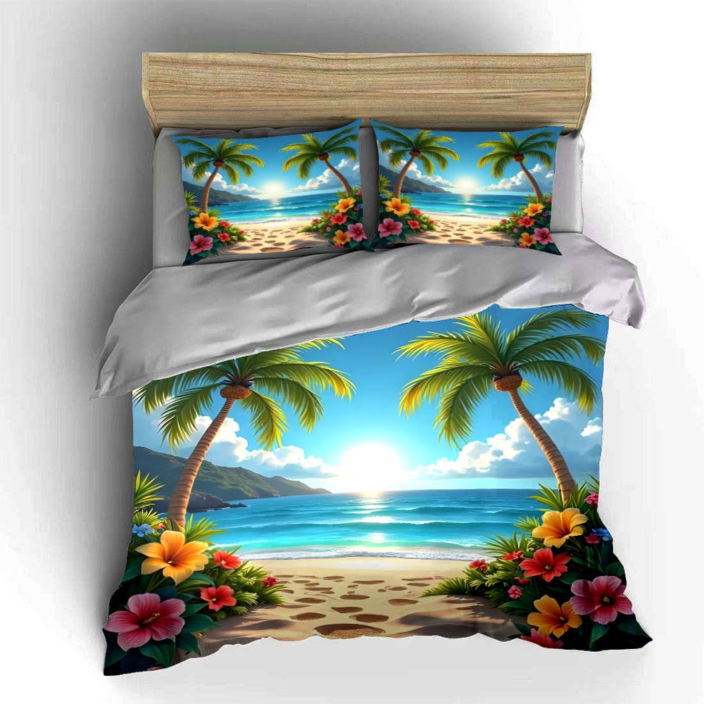 Tropischer Strand mit Palmen und Blumen Aufdruck Bettwäsche-Set 1 Bettbezug 2 Kissenbezüge Für Erwachsene und Kinder Luxusgeschenk