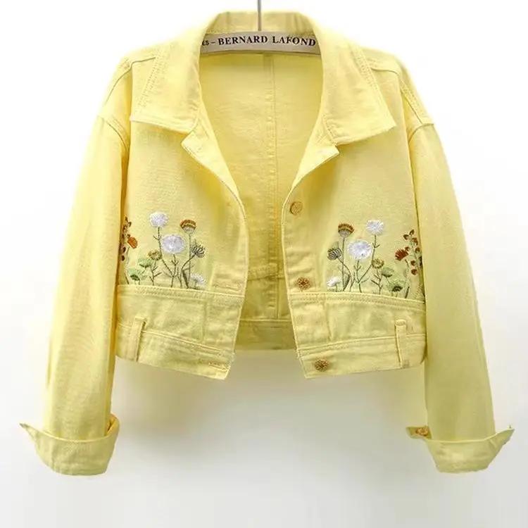 

French Yellow Embroidered Long-sleeved Denim Jacket Women s Spring and Autumn New High-grade Fashion Joker Casual Short Coat. 2XL жовтий