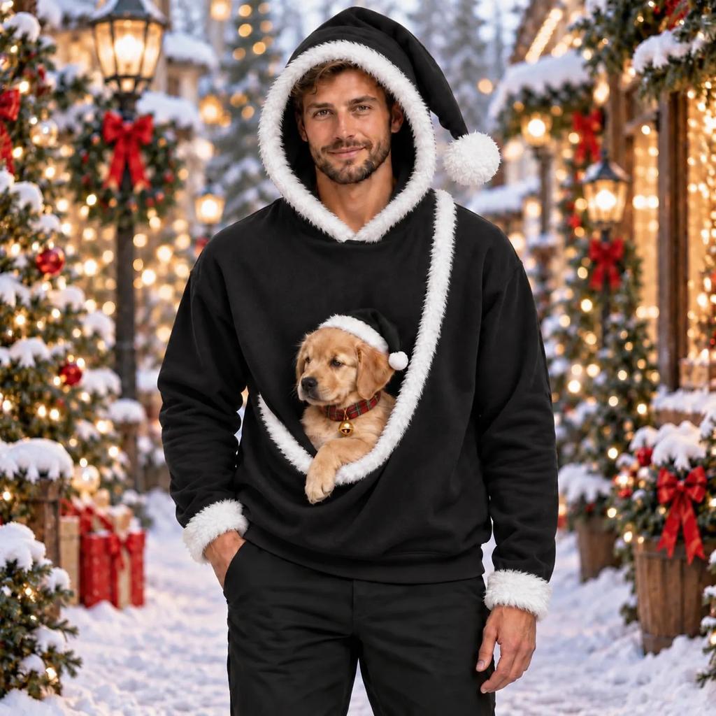 Adult Cute Christmas Plush Patchwork Hooded Sweatshirt with Pet Pocket for Holiday Wear