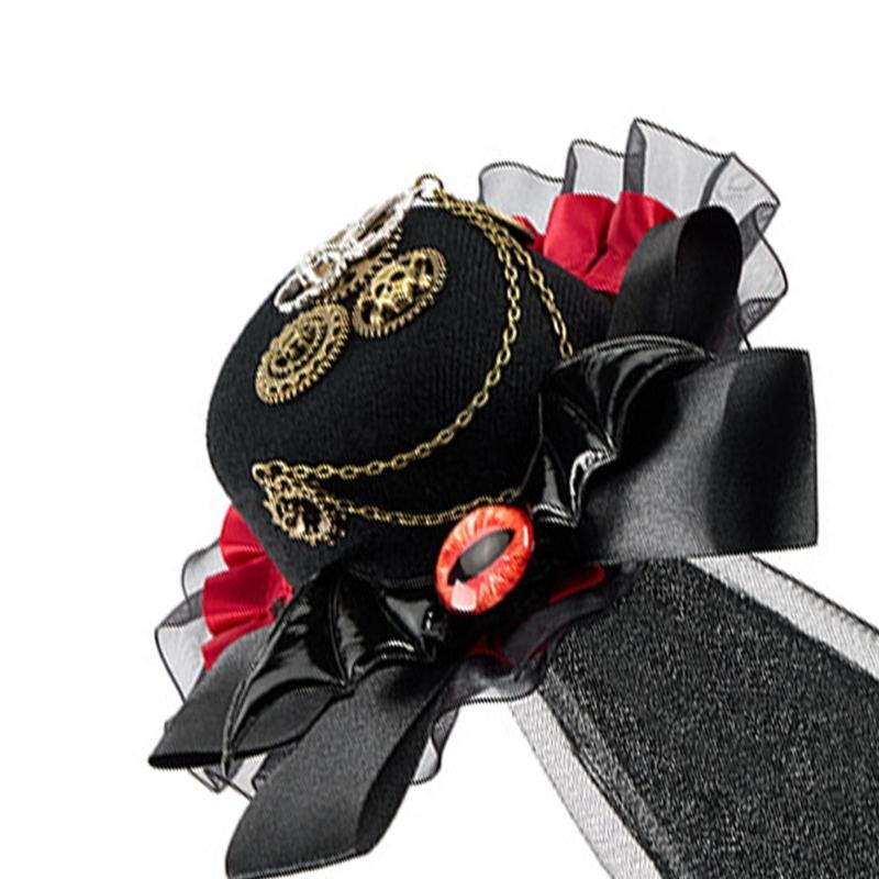 Steampunk Gothic Mini Top Hat with Metal Gear Chain and Lace Trim Unisex Creative Costume Headpiece for Halloween Party Cosplays