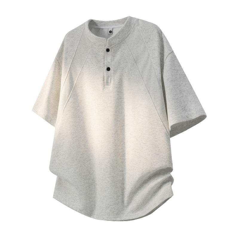 Men Mandarin Collar Henley Short Sleeve T Shirt Casual Loose Fit Summer Top