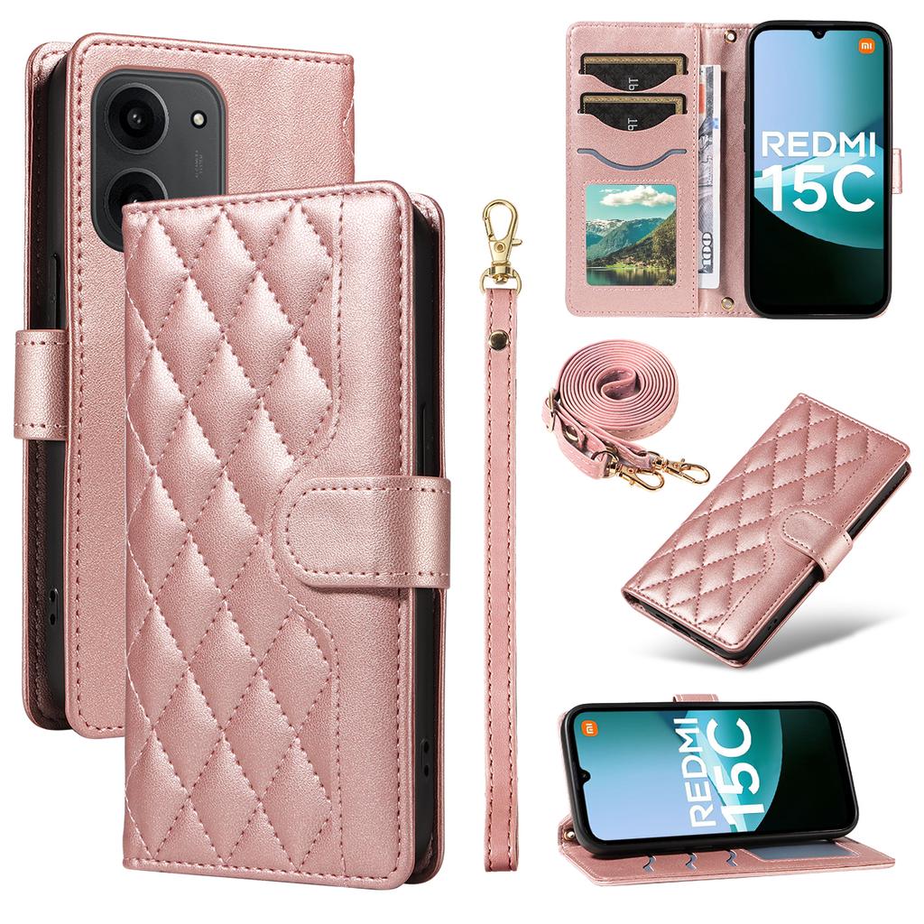 For Xiaomi Redmi 15C 4G (173mm) Wallet Case Rhombus Leather Phone Cover with Strap
