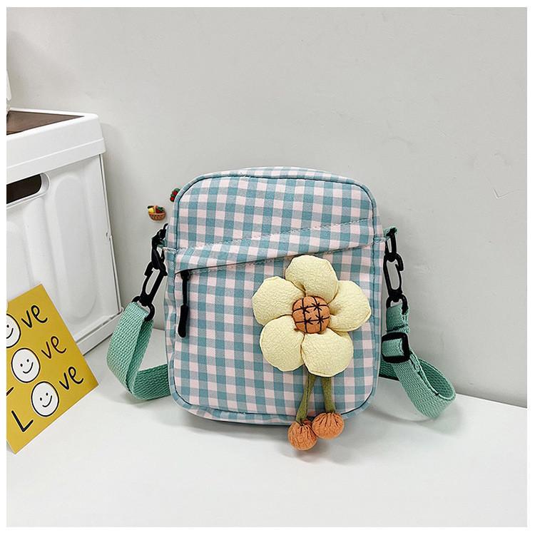 Adorable 2022 Korean Style Checked Canvas Shoulder Bag For Girls With Floral Accents And Medium Size