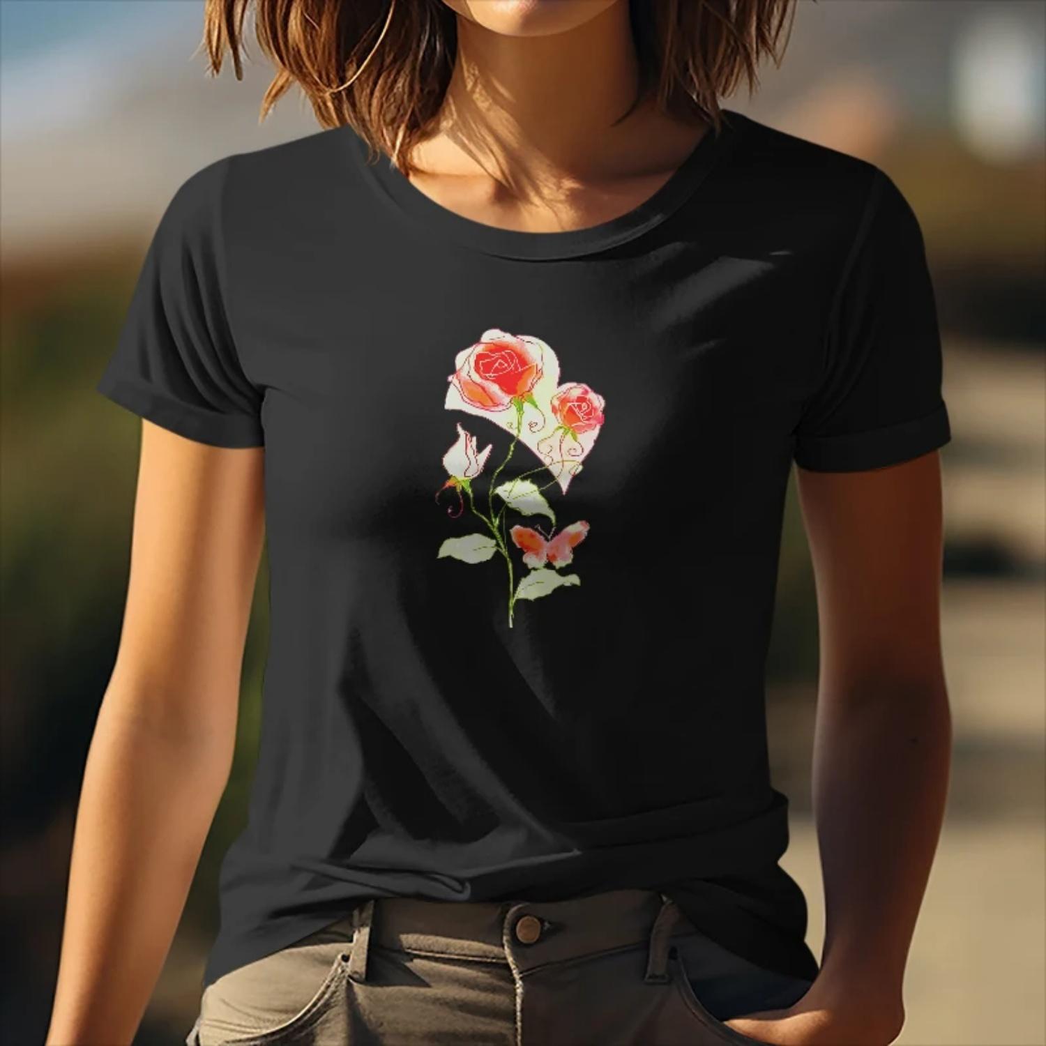 

Summer Womens Short Sleeve Cotton T Shirt Rose and Butterfly Print for Casual Evenings Young Women with a Graceful Style S чёрный