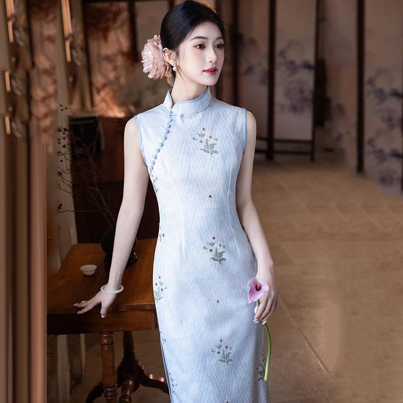 Blue sleeveless national style new Chinese style pinched waist long cheongsam improved 1011 new young women's high sense summer