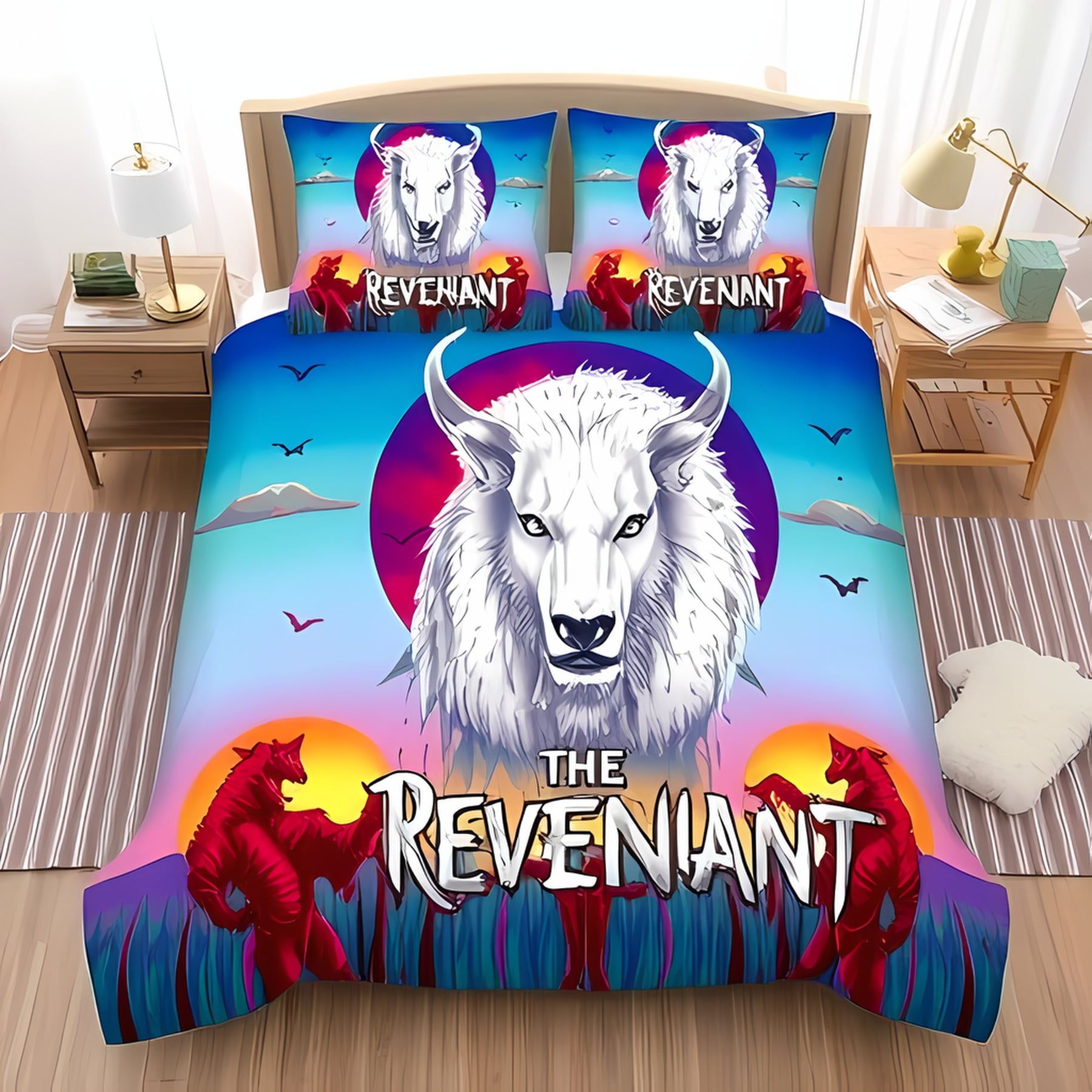 

Soft Duvet Cover Set featuring Colorful Wolf Ilustration Rainbow Gradient Background Whimsical Stars Suitable Children Kids plus Adult Peoples 120*200cm Single