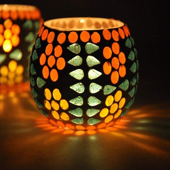 Sett med 8 votives av mosaikkglass telys stearinlysholdere for side- eller senterbord spisestue hjemmedekorasjon og gave