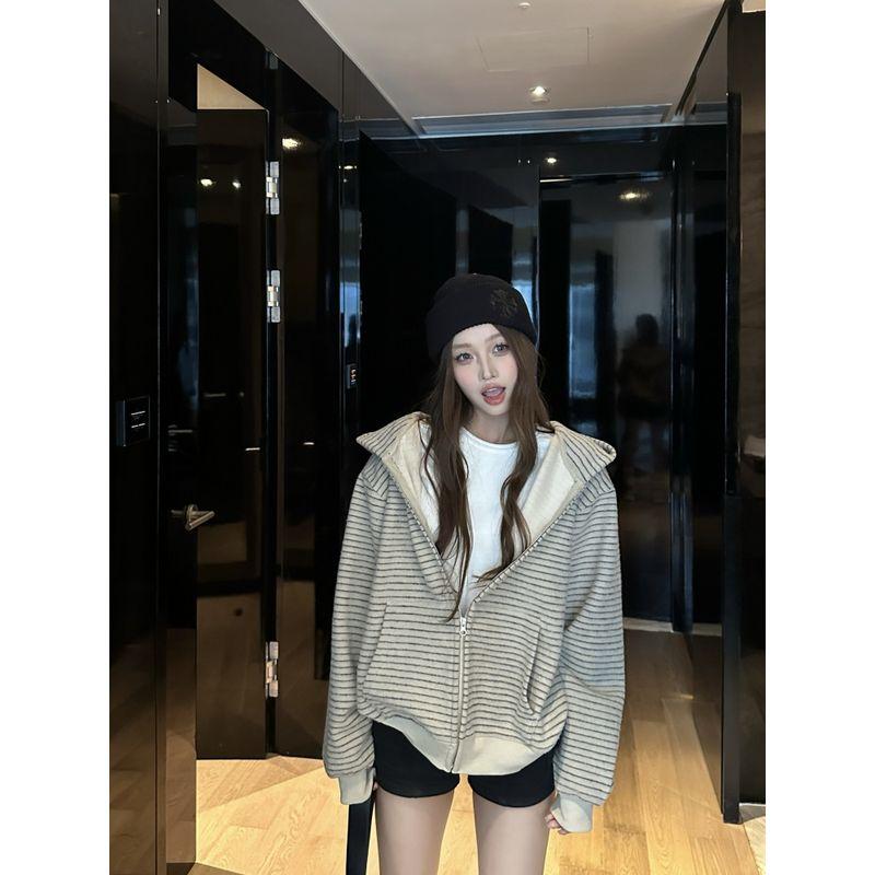 Korean Style Idle Style Contrast Color Stripes Hooded Zipper Sweatshirt Outwear Women's Autumn Minority All-Match Loose Slim Looking Tops