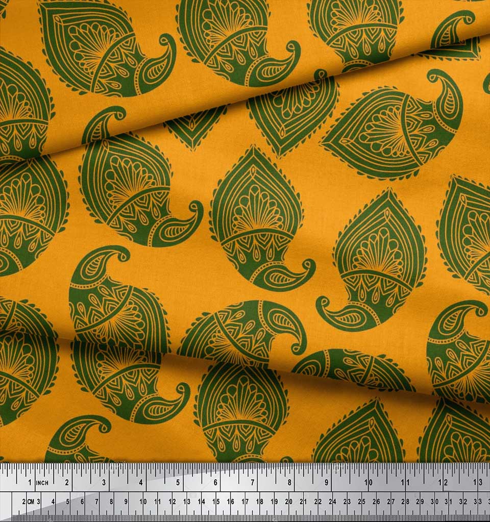 Soimoi Blue Japan Crepe Satin Fabric Green Paisley Printed Craft Fabric by the metre 42 Inch