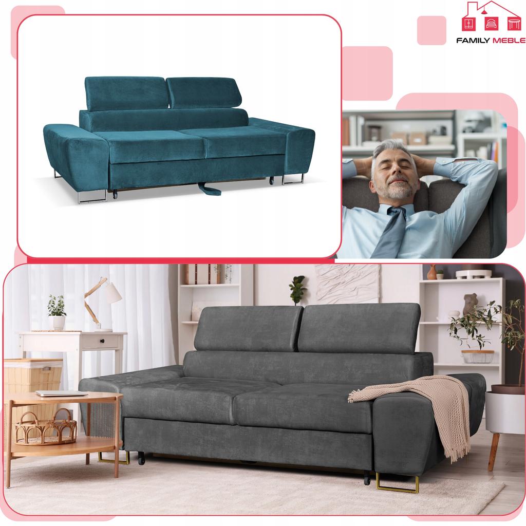 Sofa kanapa Bosso salon Family meble niebieski welur reg zagłówek