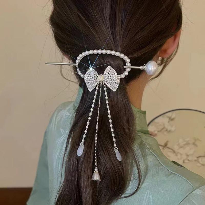 Vintage Rose Pearl Tassel Bow Hair Hairpin Chinese High-end Rhinestone Hair Accessory Women's Fashion Jewelry Headwear Wholesale