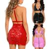 Women’s Wet Look PU Club Outfit Y-Back Zipper Cup Bra Top and Front Zipper Back Floral Lace Lace-Up Detail Bodycon Mini Skirt 2Pc Set for Nightclub
