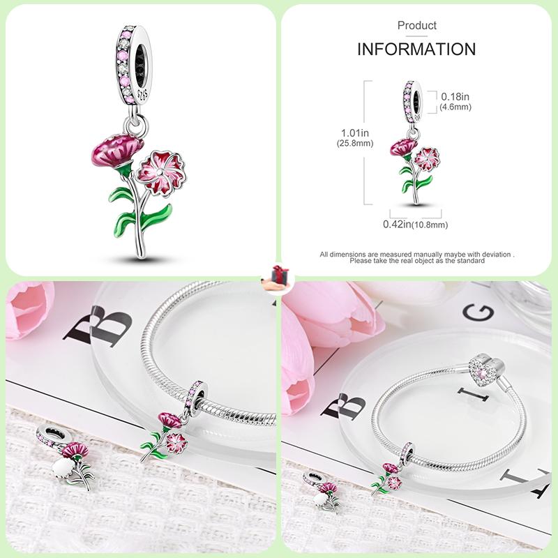 New Copper Fashion Spring Carnation Flower Parrot Charm Bead Suitable For 3Mm Bracelet Diy Fine Jewelry Gift Making