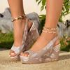 Rose Print Peep Toe Sandals Women 2025 Summer Wedge Heels Back Strap Shoes Women Soft Sole Non Slip Beach Sandals