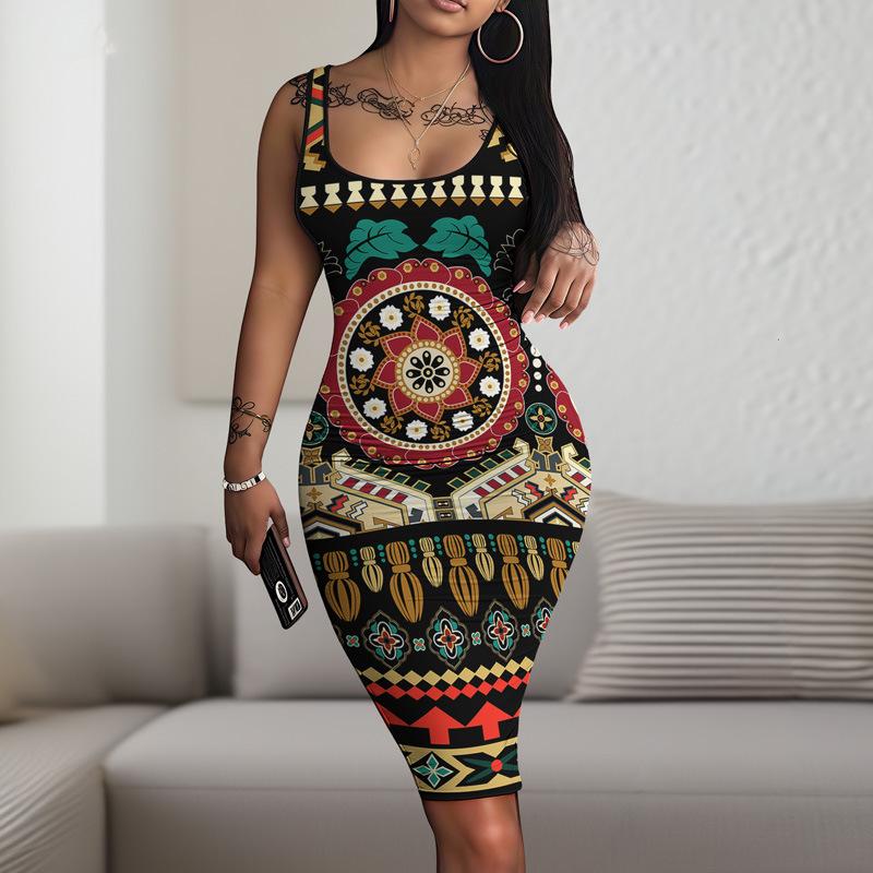 Neuer Retro-Casual-D-Digitaldruck Rundhals Ärmellos Hüftrock WQ