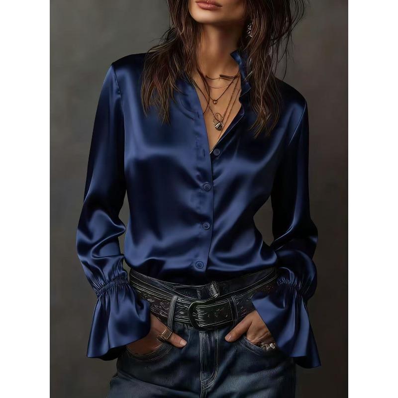 Silk Satin Basic Blouse Women Luxury Elegant Flare Long Sleeve Shirt Lady Bandage Tunic Top Office Casual Blouses