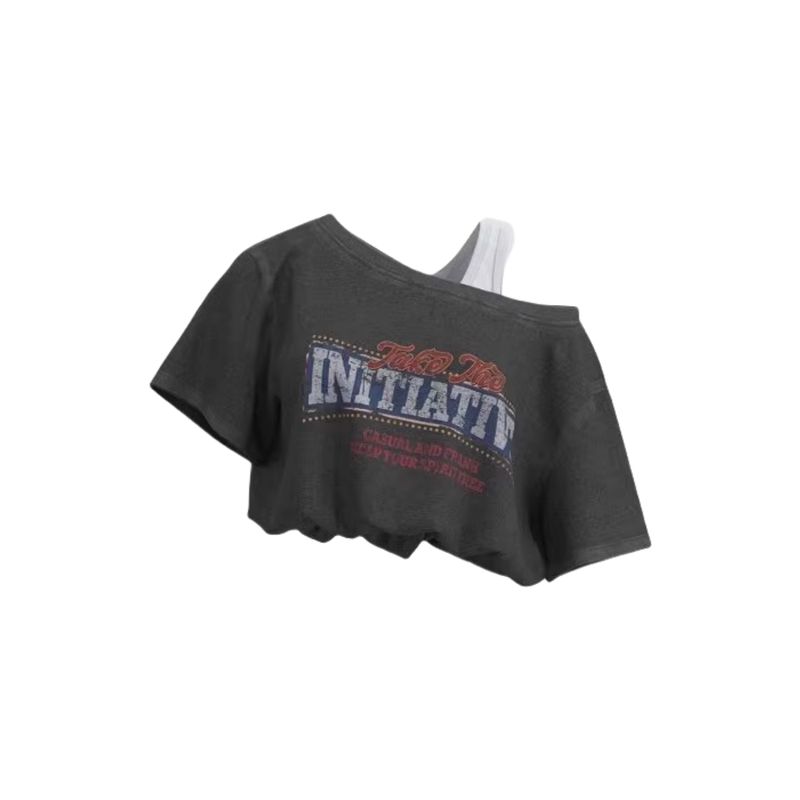 

2025 Summer Retro Trendy Print One-Shoulder Cold-Shoulder Fake Two Pieces Short Sleeve T-shirt Sexy Crop Top Jazz Tops Female I Dark gray S