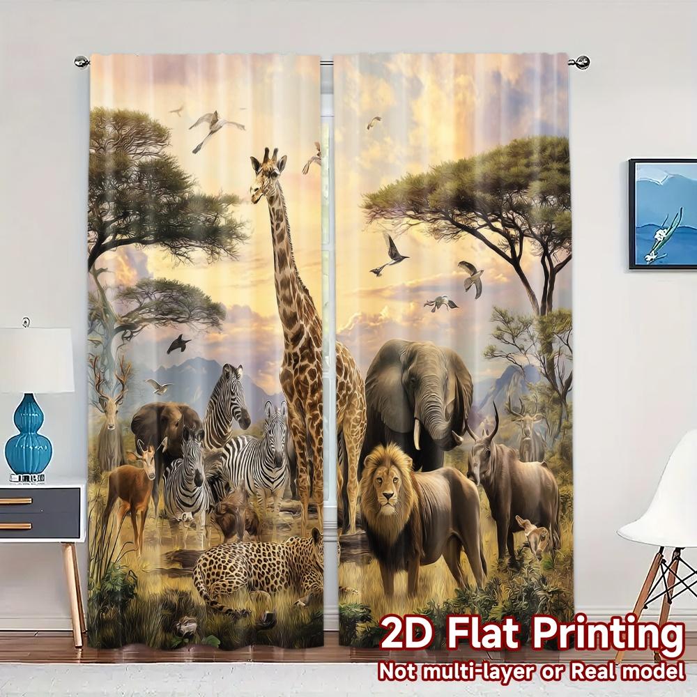 2pcs, 2D FLAT PRINTING Curtains (Without Rod) Savannah Harmony Popular Popular Curtain 100% Polyester Curtains Decorations