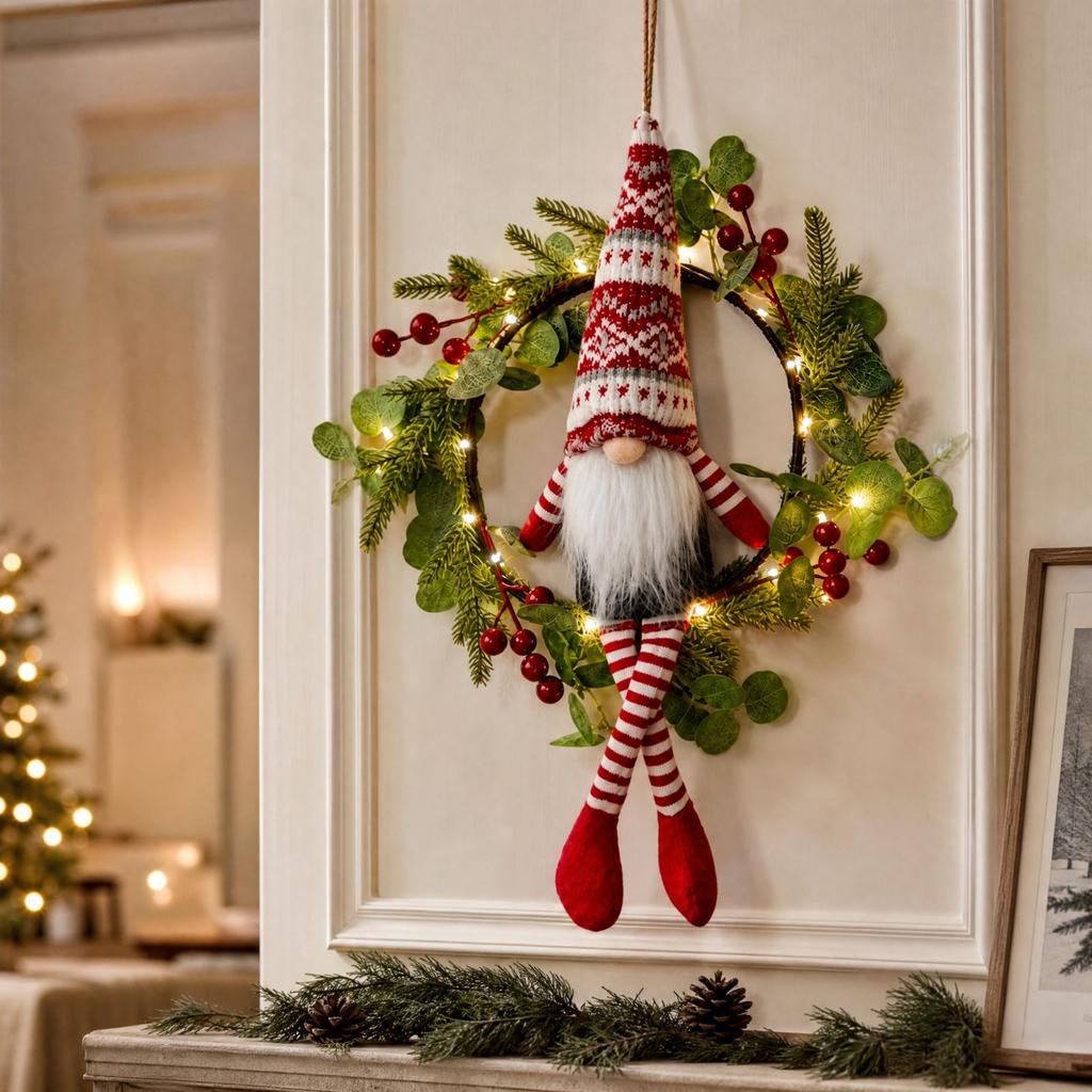 Guirlanda Iluminada de Natal com Enfeite de Gnomo Sem Rosto para Porta Escada Parede Decoração Pendente