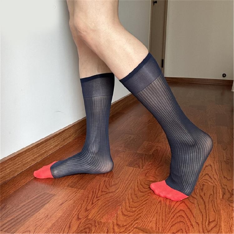 Chaussettes pour homme à rayures contrastées, transparentes, style costume, haute élasticité, confortables, respirantes, ultra fines, au-dessus du mollet, pour le travail