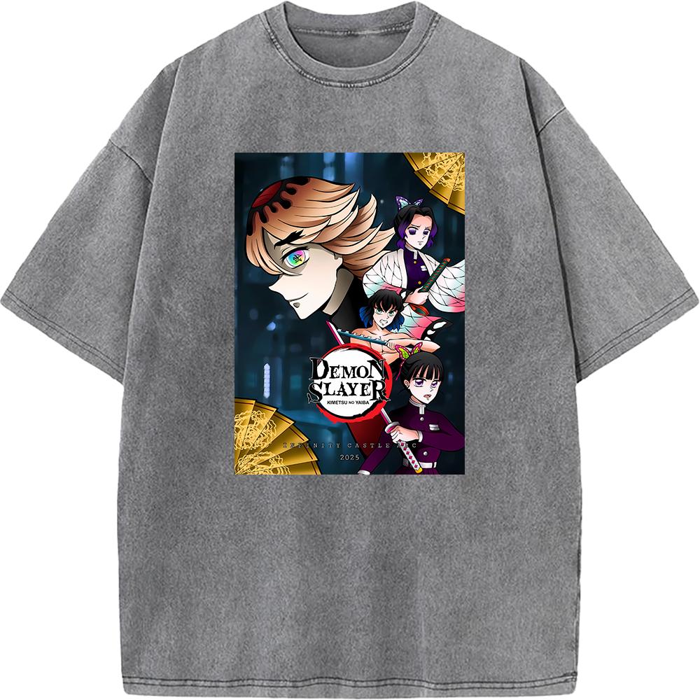Demon Slayer Kochou Shinobu Inosuke Anime Clothing Men Women Retro Washed T-shirts Manga Cotton Tshirt Harajuku Male T Shirt