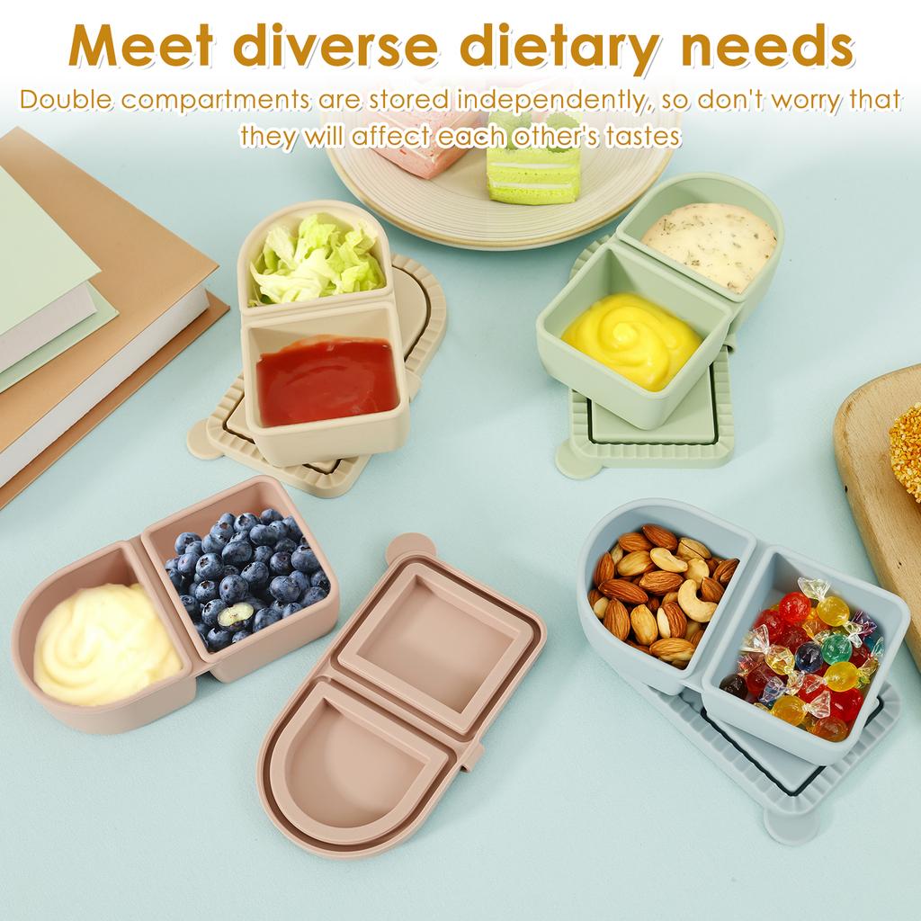 4Pcs Silicone Snack Container Portable Double Compartment Sauce Box Leakproof Stackable Dressing Food Storage Box for Outdoor