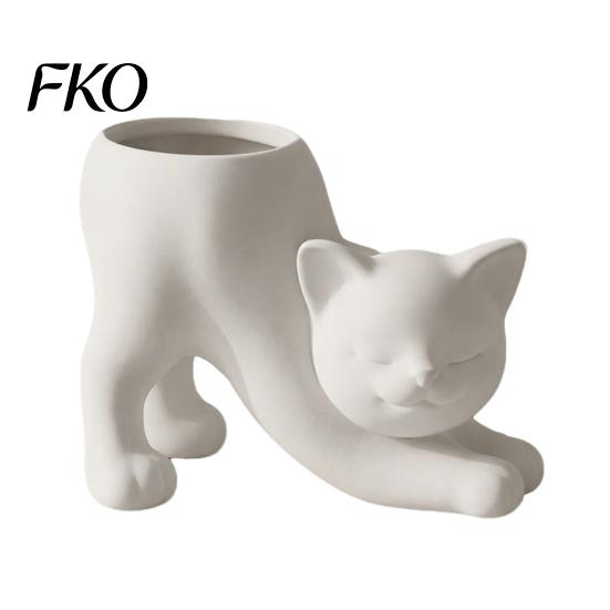 Small Green Plant Pot 3D Printed Stretching Cat Planter Pot, Cute Kitty Succulents Creative Indoor Container Animal Flowerpot, Lovely Kitten for Home