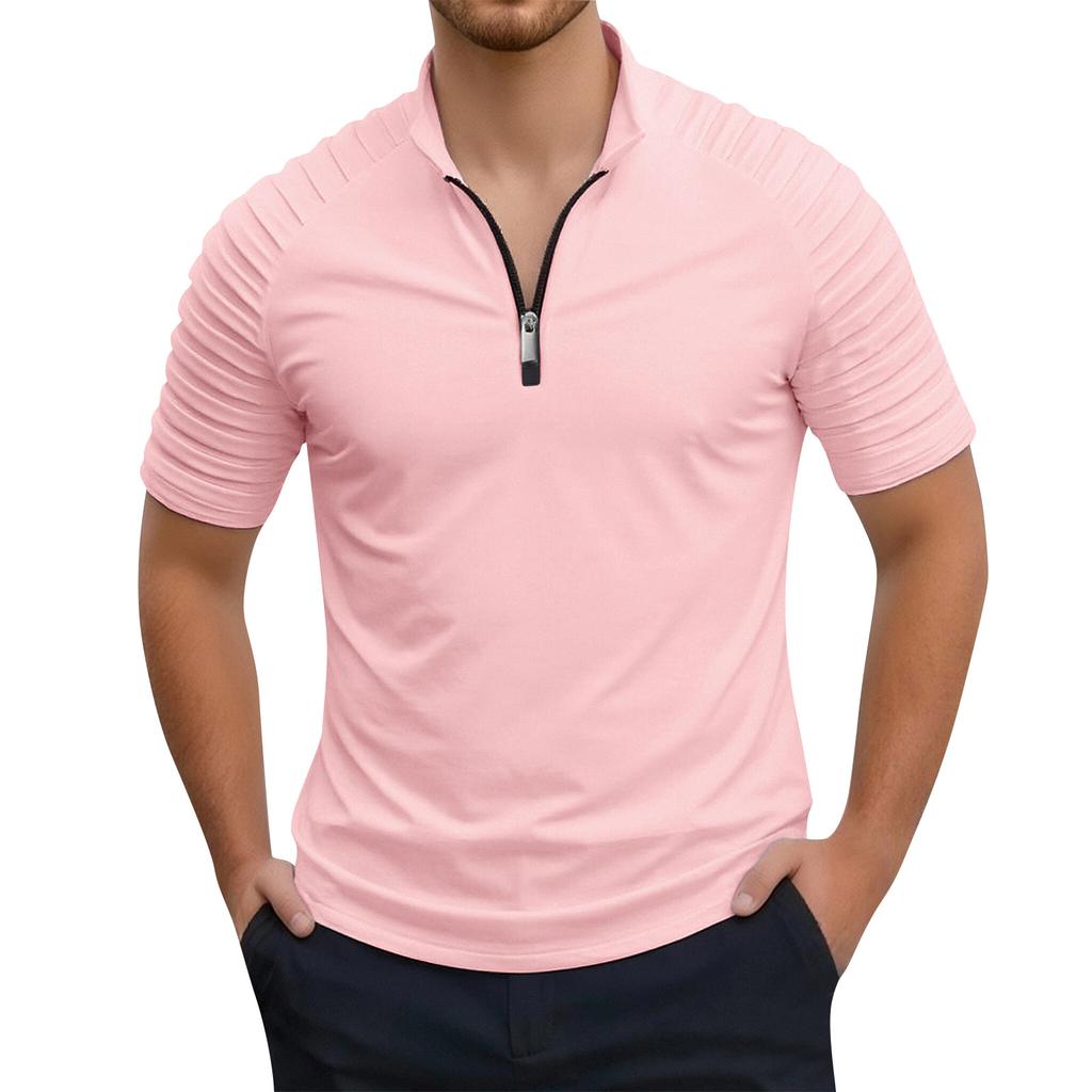 Men's Stand Up Collar 1/4 Zipper Striped Top  Men's Casual And Comfortable Short Sleeved Top