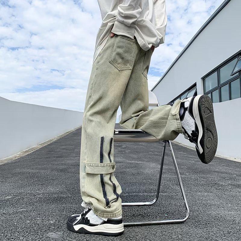 New High Street Zipper Jeans For Men In Summer Retro Handsome Pants Loose Trendy Brand Wide Leg Straight Casual Trousers For Men