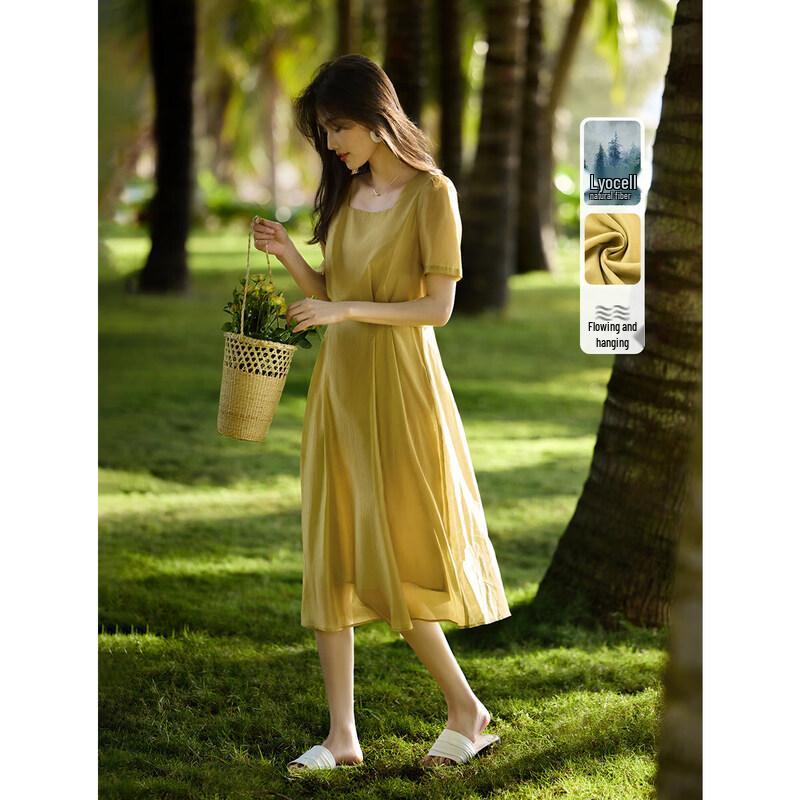 XWI Lyocell French Elegant Square Neck Puff Sleeve Midi Dress S