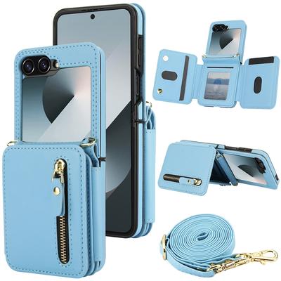 Crossbody Leather Phone Case for Samsung Galaxy Z Flip 6 5 4 Flip6 Flip5 Flip4 Flip3 Zipper Wallet Card Holder Bracket Cover