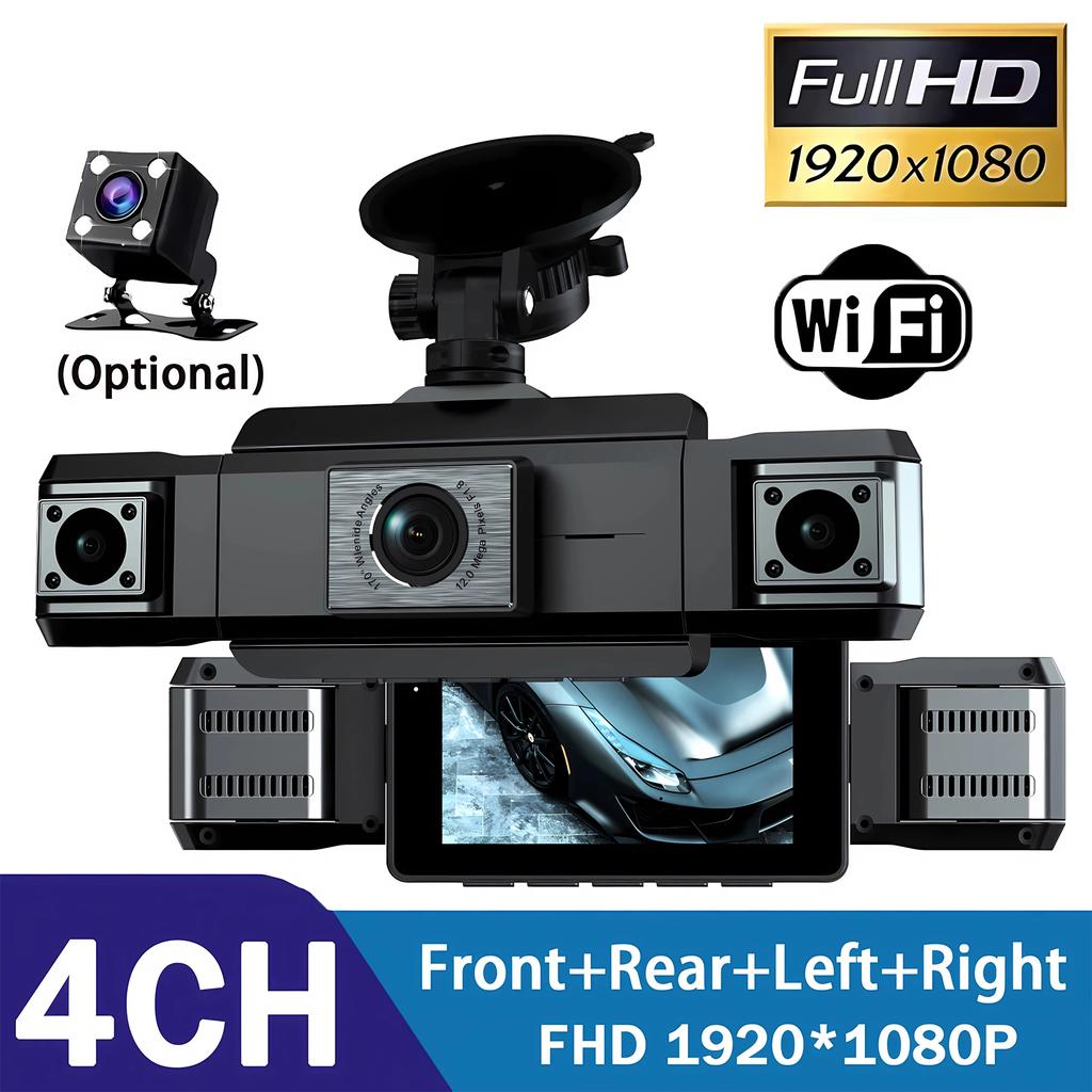 1080P Quad Dash Cam, 4-Channel 4-Screen Display, WiFi, Phone Sync, Rear View, Night Vision, Wide Angle