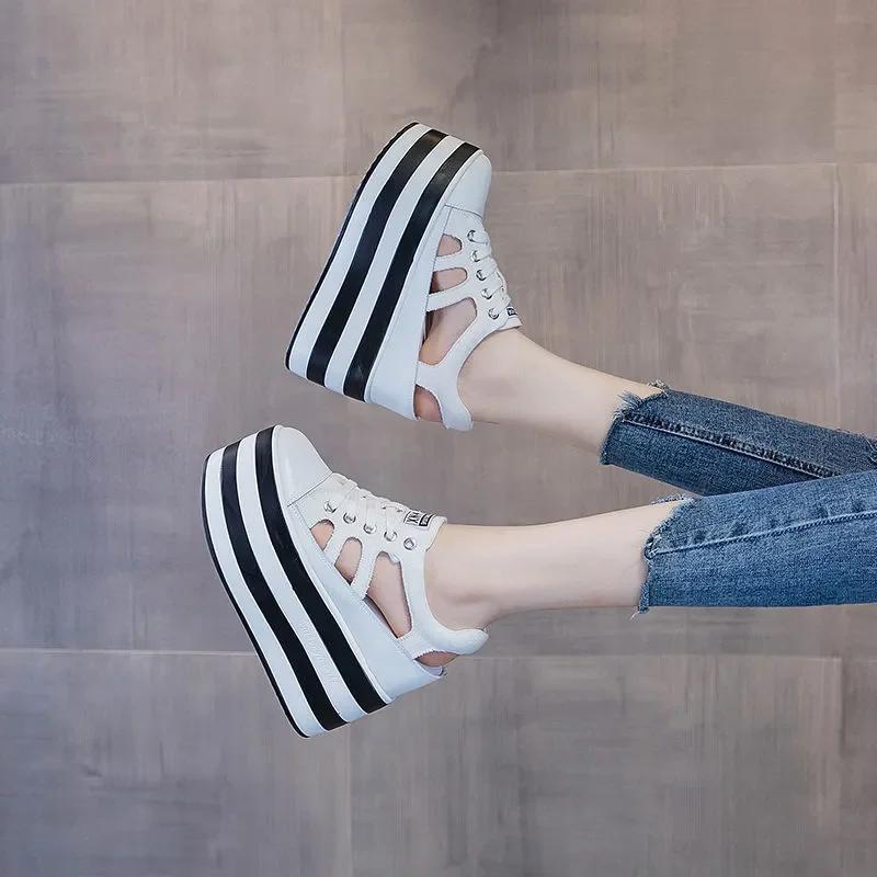Fashion High Quality 12cm Platform Wedge Shoes Sandals for Women Sneakers Summer Shoes Hollow Cut Summer Sneakers Genuine Leather 2024