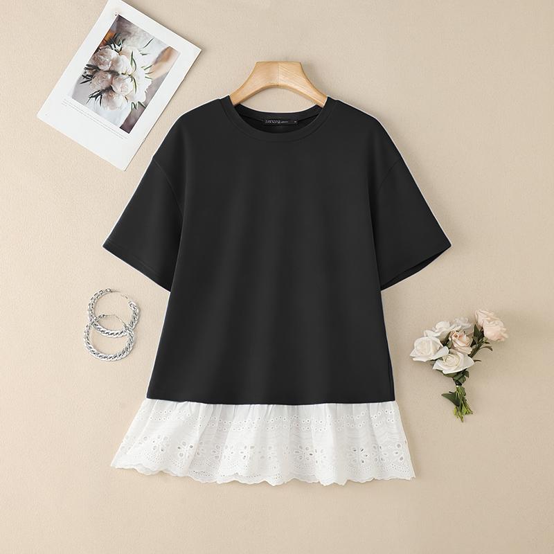 

ZANZEA Женская повседневная летняя блузка в стиле пэчворк с круглым вырезом и коротким рукавом S чёрный