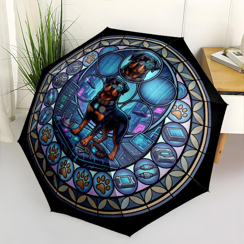 Cybernetic Canine Crown pattern umbrella, portable and foldable design, 8 ribs, a casual accessory for Halloween, Christmas, and birthday gifts.