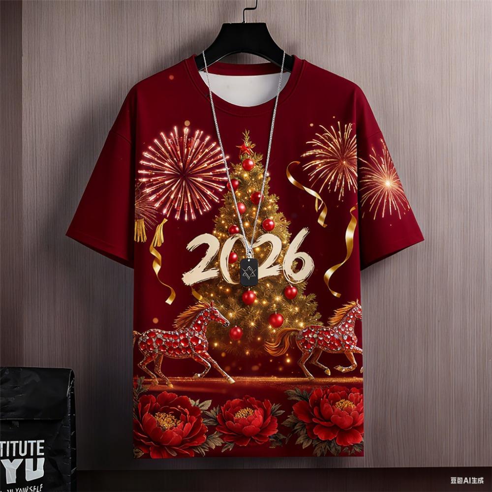 2026 Year of the Horse Fashion Red T-Shirt Men’s Extended Street Casual
