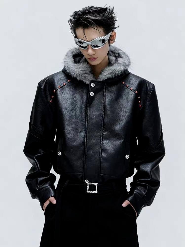 Men's Goshawk Plus Velvet Hooded Jacket - Thickened Leather, Big Fur Collar, Winter Cotton Coat