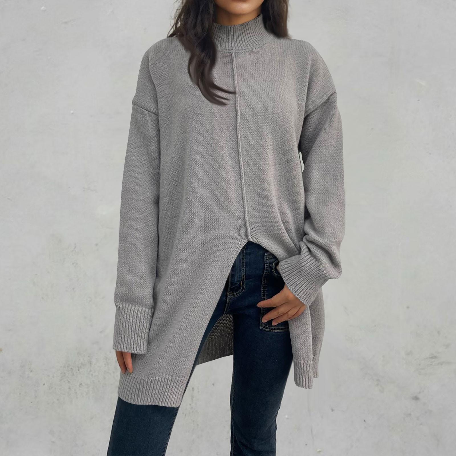 

24/5000 Женский однотонный свитер с полувысоким воротом, однотонный свободный свитер с длинными рукавами и круглым вырезом большого размера XL