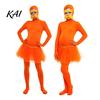 Adults Spandex Unitard Orange Full Bodysuit, with Tulle Skirt, Fake Belly, Yellow Mustache & Eyebrows, Solid Color Costume Open Face Zentai