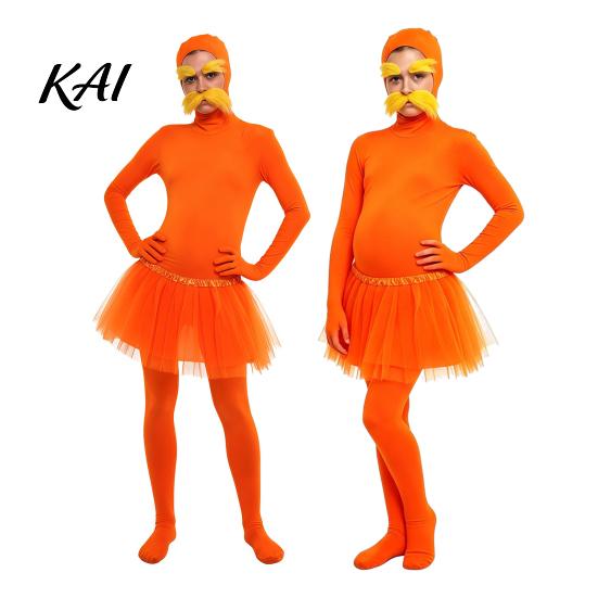 Adults Spandex Unitard Orange Full Bodysuit, with Tulle Skirt, Fake Belly, Yellow Mustache & Eyebrows, Solid Color Costume Open Face Zentai