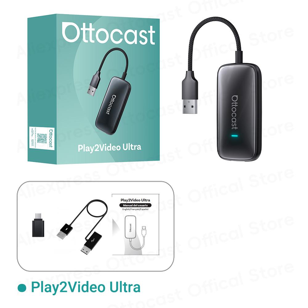OTTOCAST Wireless CarPlay Android Auto Adapter Play2Video Ultra for Youtube Video Car Accessories for Volvo Haval Chevrolet Ford with APP Hub