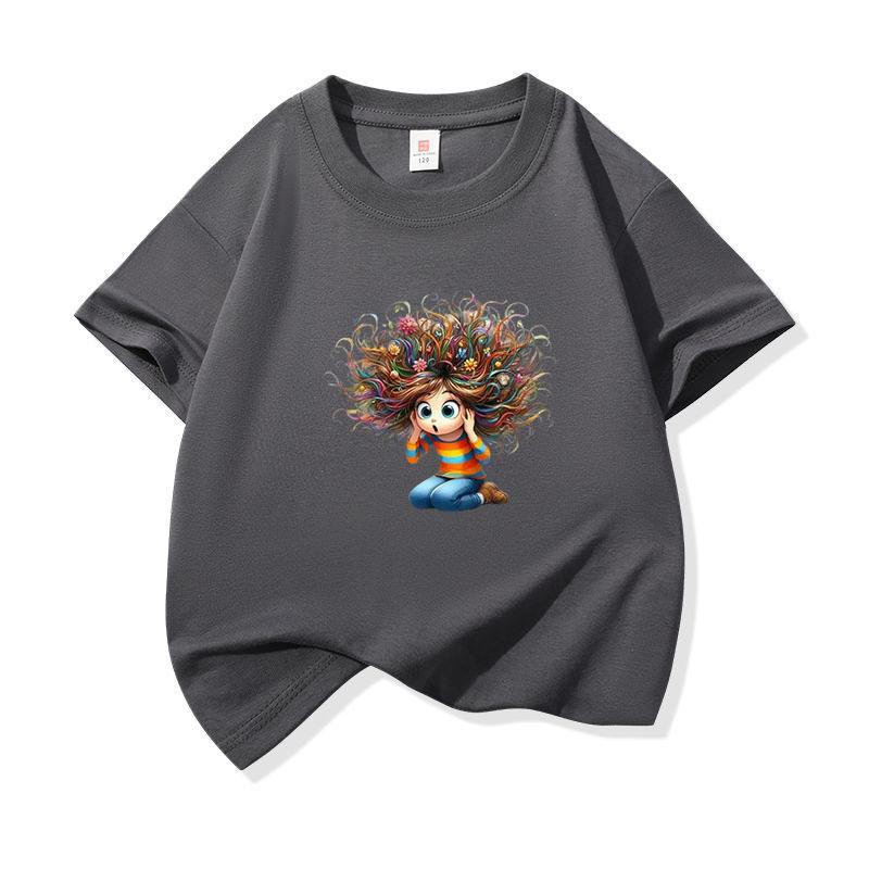 Kids Cotton T Shirt Surprised Girl With Colorful Hair Print Crew Neck Short Sleeve Tee Casual Boys Girls Summer Tops