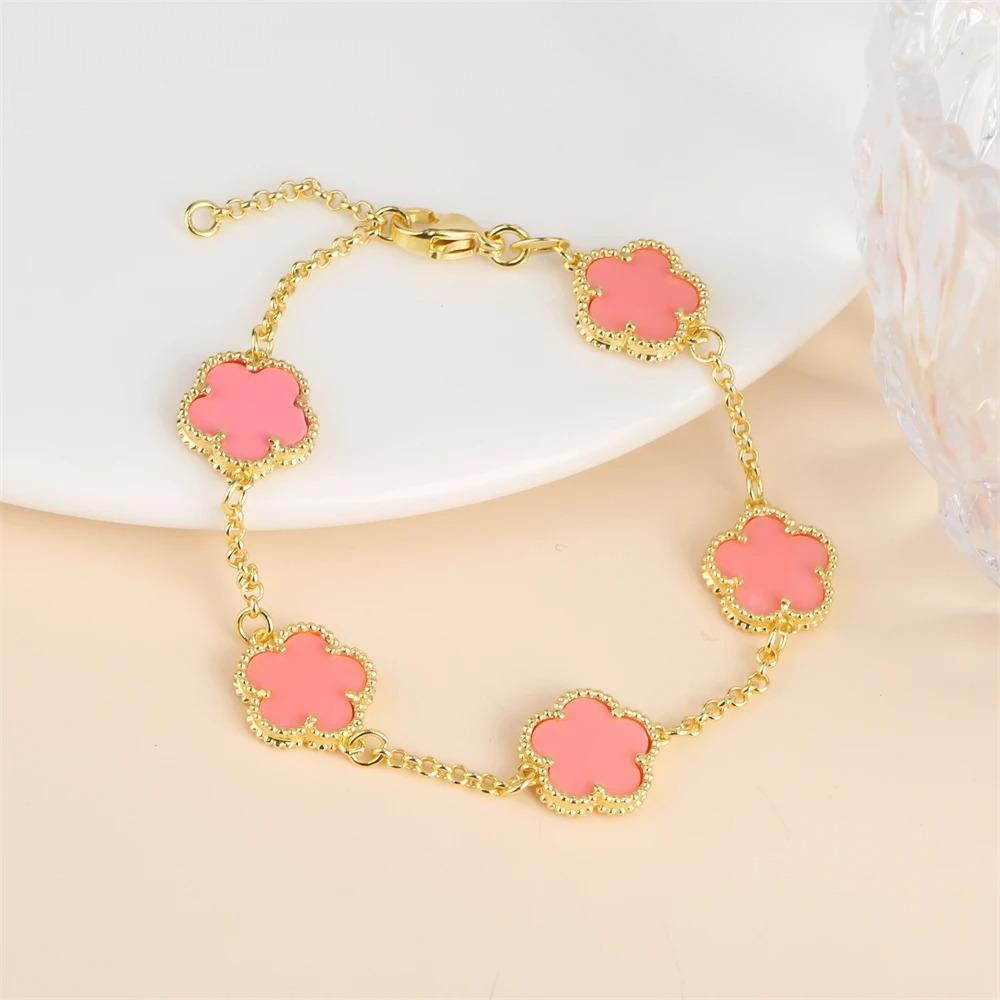 2024 Hot Sale 10 Colors Five-Leaf Flower Set Bracelet Necklace Classic Simple Women Zircon Set Suitable For Daily Party Wear